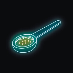 Glowing neon sign of a coffee scoop holding ground coffee beans, isolated on a black background, representing coffee shop, brewing, and caffeine
