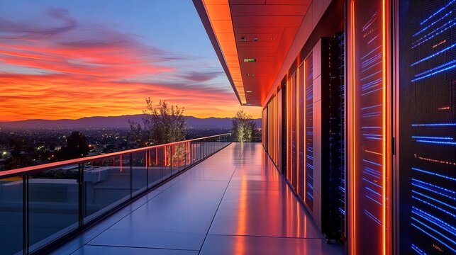 Dramatic sunset over modern data center with vibrant orange and blue lighting, perfect for tech backgrounds and IT visuals