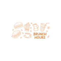 Orange line art of sandwiches coffee and drinks with brunch hours text breakfast food