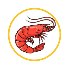 A stylized illustration of a red shrimp inside a yellow circle, isolated on transparent background