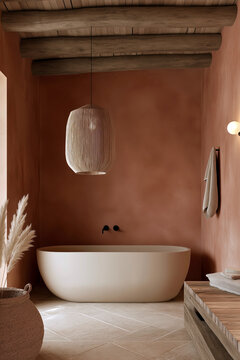Japandi-style bathroom with warm terracotta plaster walls, a deep soaking tub, soft lighting, and natural wooden elements.
