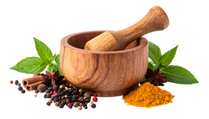 Wooden mortar and pestle with spices and herbs with transparent background