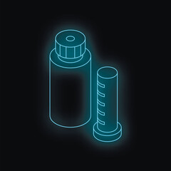 Glowing neon blue isometric medical container and graduated cylinder are standing on black background