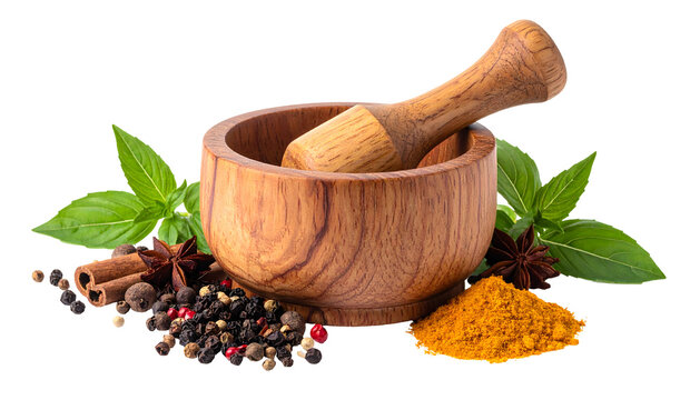 Wooden mortar and pestle with spices and herbs with transparent background