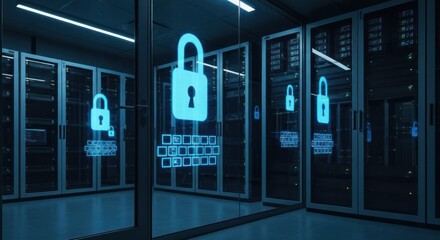 Data center with glowing padlock icons for cybersecurity in blue light