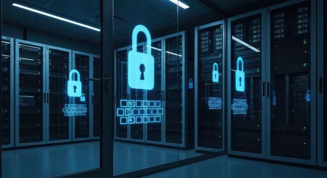 Data center with glowing padlock icons for cybersecurity in blue light