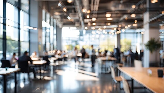 Blurred interior of a modern, open-plan office space with people