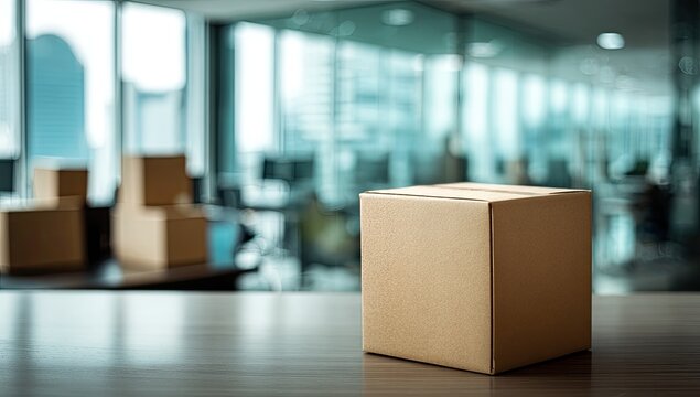 Cardboard box on table with office interior and cityscape background