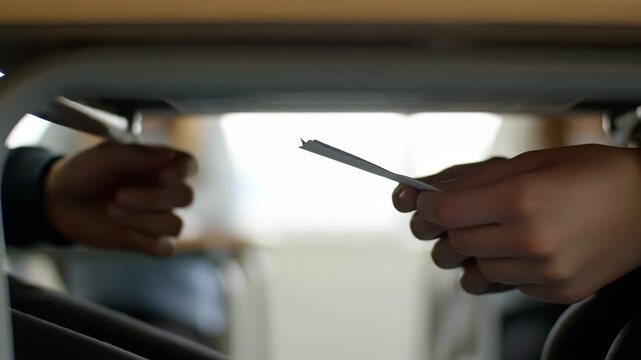 Students' hands secretly exchange a folded paper note under a desk during a test