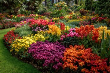 A vibrant garden displays a diverse range of flowers in various colors, creating a visually rich and appealing botanical landscape.