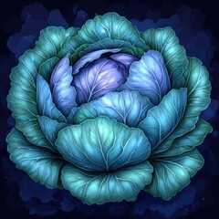 Fototapeta premium A stunning blue cabbage with detailed leafy layers glows softly in a dark setting