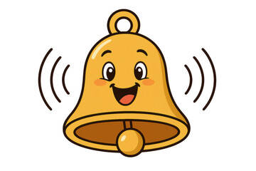 Golden ringing bell cartoon delivering happy notification or alert with smiling face and sound waves