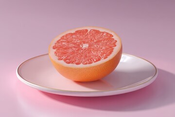 A halved grapefruit on a pink plate, set against a pastel pink backdrop, exudes a vibrant yet gentle aesthetic. Refreshing and visually appealing.