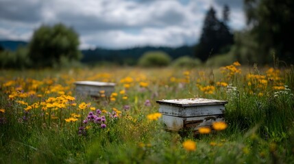 Rustic wooden beehives stand amidst a colorful meadow brimming with wildflowers and green grass under a cloudy summer sky