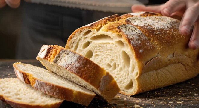 Freshly baked loaf of bread on a wooden cutting board, warm steam rising, cozy homemade kitchen atmosphere as hands begin to slice it.