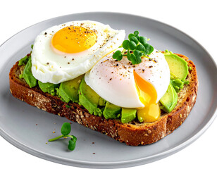 Avocado Toast with Poached Eggs on Plate, Side View, Isolated on Transparent Background