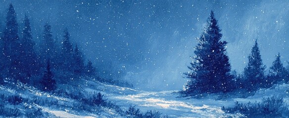 Snowy forest path under a dark blue, star-filled sky