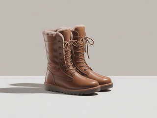 Black leather pair of military boots on a brown wooden background