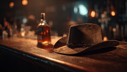 A cowboy hat rests on a bar next to a bottle of whiskey