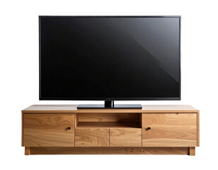 Sleek Modern Flat Screen TV on Minimalistic Wooden Stand, Isolated on Transparent Background