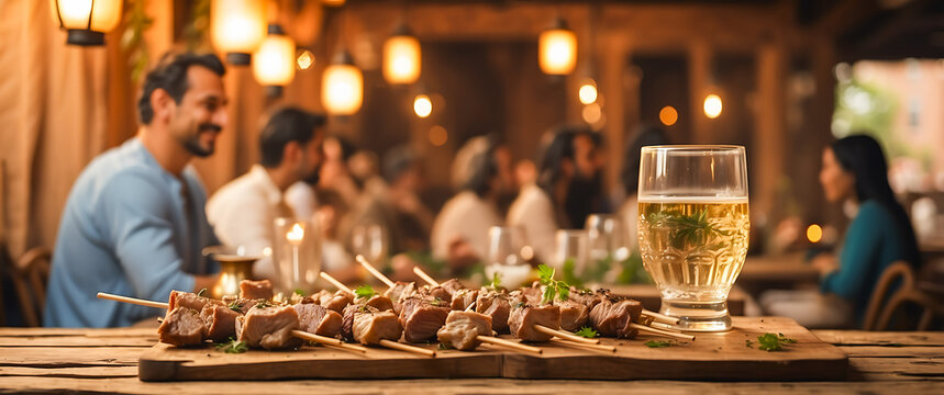 "A Latin American gathering, with grilled skewers of meat served alongside a refreshing drink, possibly a fernet con cola. The setting is rustic and warm, perfect for a relaxed social evening.