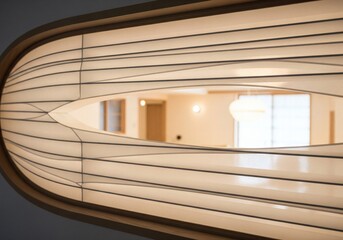 Obraz premium Abstract oval window with fabric screen and interior view in soft light