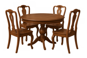 Wooden dining set with round table and four classic chairs, traditional furniture for home interior, transparent background