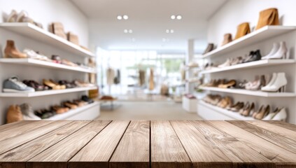 Empty wooden display table in a blurred shoe store