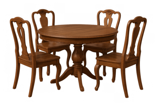 Wooden dining set with round table and four classic chairs, traditional furniture for home interior, transparent background