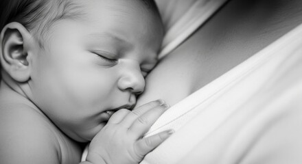 Monochrome image of infant nursing, capturing the intimate moment of breastfeeding