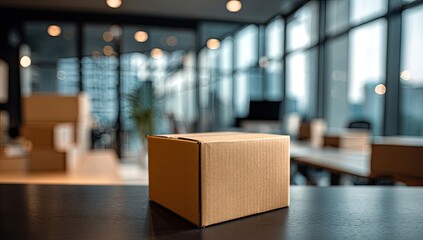 Cardboard box on a desk in a modern office setting