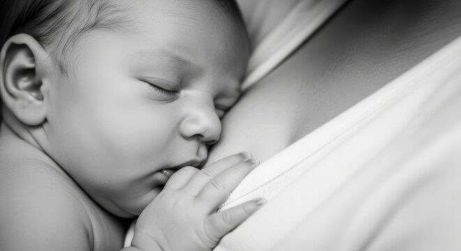 Monochrome image of infant nursing, capturing the intimate moment of breastfeeding