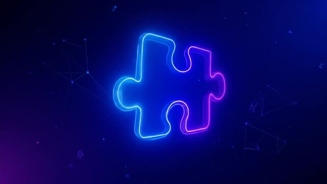 A glowing, neon puzzle piece against a gradient blue and purple background, with abstract dots