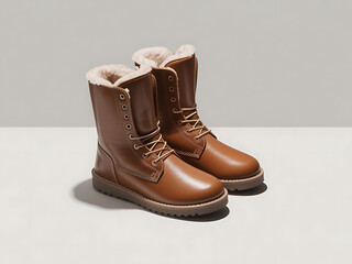 New pair of brown leather boots on a wooden background for men's winter fashion