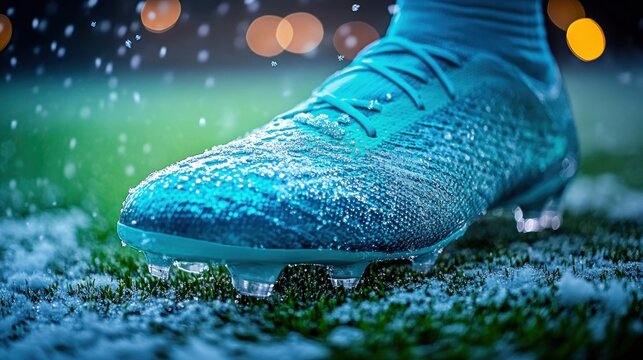 Water droplets glisten on a vibrant blue cleat as it connects with wet grass during play - Powered by Adobe