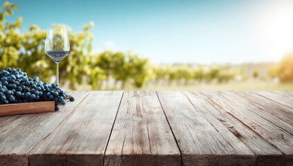 A glass of red wine and dark grapes sit on a rustic table