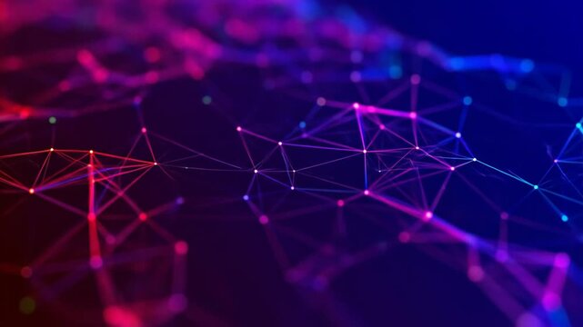 A vibrant, colorful network of connected nodes and lines in a gradient of blues and pinks