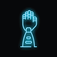 Neon blue icon of a robotic arm being raised in greeting on a black background