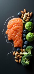 A stylized silhouette of a human head, outlined in salt and filled with green brain-like patterns made from Brussels sprouts, surrounded by vibrant health foods  salmon slices, blueberries, almonds, b