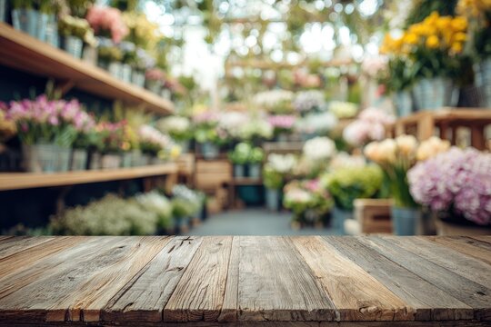 Soft focus floral displays on wooden shelves at a shop