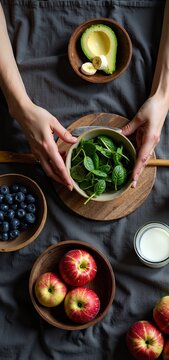 A cozy, rustic kitchen scene where hands gently hold a bowl of fresh mint leaves above a wooden board, surrounded by vibrant ingredients: blueberries, sliced avocados, red apples, and a glass of milki