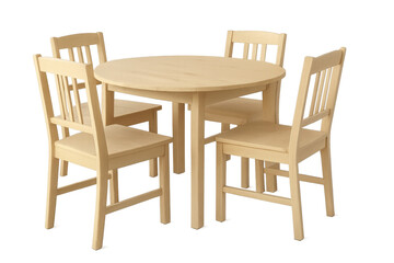 Round wooden dining table with four chairs, casual light wood furniture set for domestic kitchen or restaurant