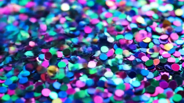 A close-up view of brightly colored confetti, circular in shape, scattered across a surface