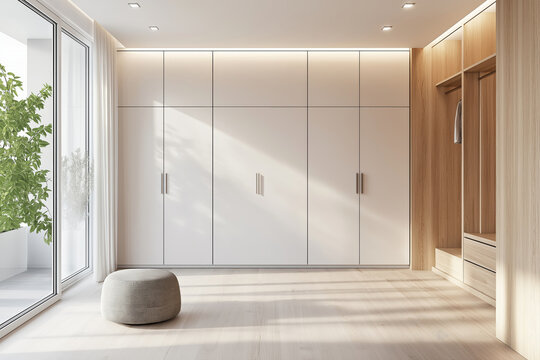 Bright and airy wardrobe room in a modern apartment, featuring natural wood textures and white cabinetry