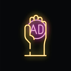Neon style illustration featuring a hand holding a glowing advertisement icon, set against a black background