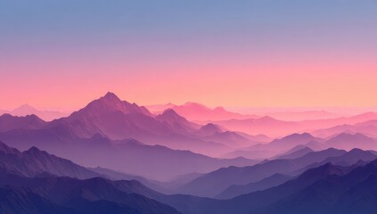 Obraz premium Misty mountain range at sunrise, soft pink and purple hues