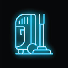 Bright blue neon sign of a vacuum cleaner is glowing on a black background