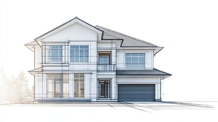 House design with partly drawn lines on white background for architectural planning