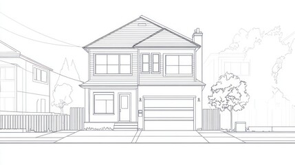 Line art of a two-story house with fence and background street scene, for coloring