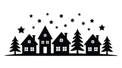 Charming winter village silhouette with twinkling stars, perfect for holiday crafts and festive designs, adding a touch of seasonal magic and cheer